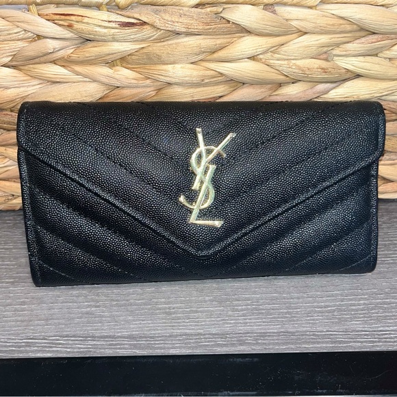 Black & Gold Monogram Flap Chevron Large Envelope Wallet Leather Card Holder - Picture 2 of 9